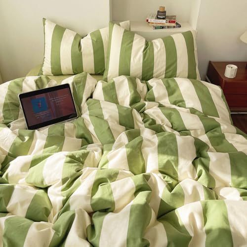 LifeTB Striped Comforter Set Twin XL Fluffy Soft Modern Style Green White Stripes Pattern Printed Bedding Set 3 Pieces Retro Striped Comforter with 2 Pillowcases Cozy Lightweght Bedding Comforter Set