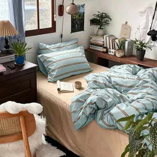 mixinni Retro Mint Blue Striped Duvet Cover Set - 100% Natural Cotton 3-Piece Vintage Stripes Pattern Printed Bedding Set, Soft Breathable Comforter Cover with Zipper & Ties, Twin XL Size