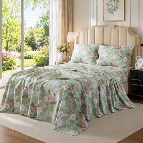 FADFAY Sheets Set King Floral Sheets 100% Cotton Elegant Farmhouse Bedding Mint Green Leaves and White Flower Printed Bed Sheet Soft Botanical Lily Pattern Deep Pocket Sheet 17.5'' 4 Pcs, King