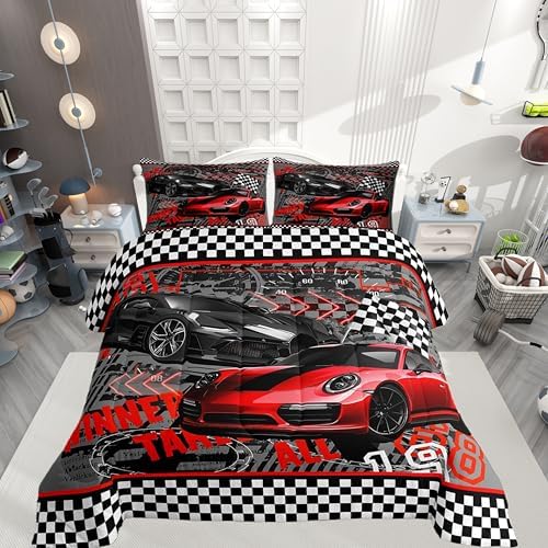 Castle Fairy Racing Car Comforter for Boys Kids,Extreme Sports Comforter Set Queen Size Home Decor,Soft Race Cars Bedding Set,Teens Bedroom Down Duvet,1 Comforter with 2 Pillowcases