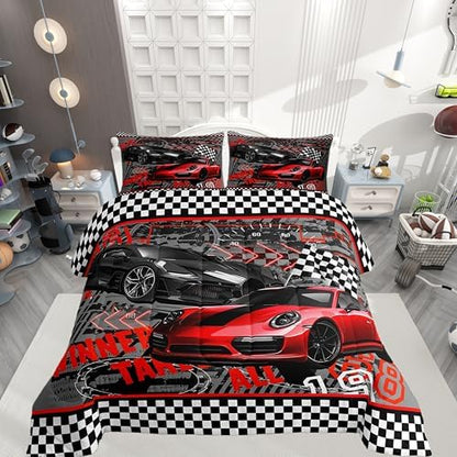 Castle Fairy Teens Race Car Comforter Set Full Size,Speed Sports Car Bedding Set for Kids Boys Girls Adult Bedroom Decoration,Racing Car Bed Duvet Insert,Extreme Sports Comforter with 2 Pillowcases