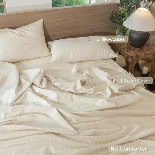 MooMee Striped Duvet Cover Set 100% Washed Cotton Linen Like Super Queen