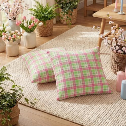 AVOIN colorlife Spring Summer Green Pink Plaid Decorative Throw Pillow Covers, 18 x 18 Inch Holiday Scottish Tartan Cushion Case Farmhouse Decoration for Sofa Couch Set of 2