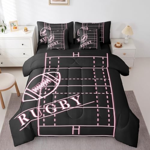 Erosebridal Kids Soccer Full Comforter Set 7 Pieces for Girls Pink Bedding Comforter Sets, Ball Gamer Bed in a Bag Sport Game Bedding Set, Girly Football Field Bed Sheets Set (Black Reversible)