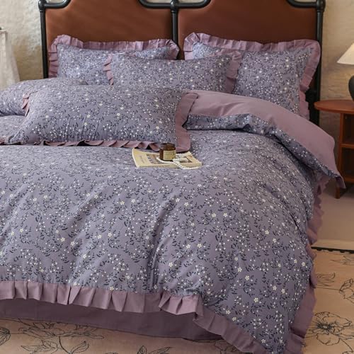 VM VOUGEMARKET Purple Ruffle Duvet Cover Twin,Cute Daisy Flower Bedding Set with Zipper Ties 100% Cotton Romantic Lace Comforter Cover for Teen Girls