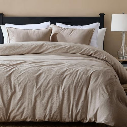 WDCOZY Dark Beige Full Size Jacquard Duvet Cover Set with Zipper Closure, Modern Washed Soft Striped Bedding, Textured Seersucker Like Cotton Linen, 1 Duvet Cover and 2 Pillow Shams, No Comforter