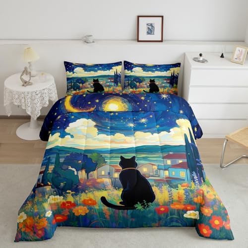 Flower Cat Comforter Set King Size,Swirl Starry Sky Moon Duvet Insert for Kids Girls Boys Adults Room Decor,Blossom Flower Rustic Style Bedding Set 3Pcs,Nature Scenery Quilt Set,2 Pillowcases