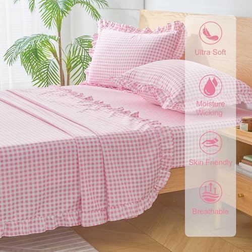 Gingham Twin Sheet Set, Lightweight Super Soft Brushed Microfiber Plaid Bed Sheets with 16" Deep Pocket, 3 Piece Ruffle Farmhouse Bedroom Decor, Pink