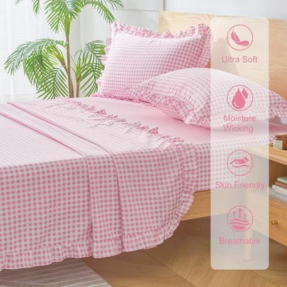 Gingham King Sheet Set, Lightweight Super Soft Brushed Microfiber Plaid Bed Sheets with 16" Deep Pocket, 4 Piece Ruffle Farmhouse Bedroom Decor, Pink