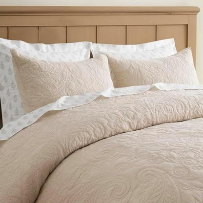EVERGRACEHOME 100% Cotton Paisley Quilt Set, King Size, Flax Beige