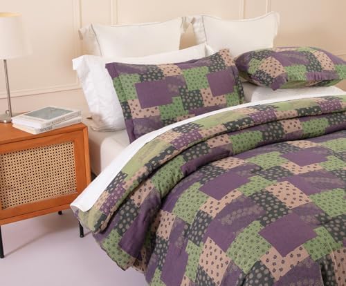 SLEEPBELLA Washed Double Layer Muslin 100% Cotton Comforter Set King Size, Purple Green Patchwork Fluffy Thick Checked Bedding Set, Soft Breathable (1 Comforter, 2 Pillow Shams)