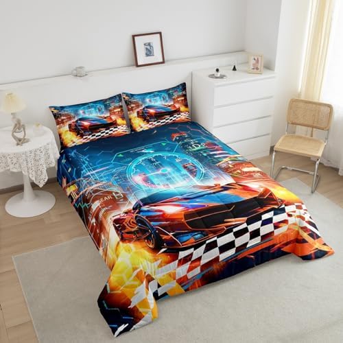 Feelyou Boys Orange Race Car Full Size Bedding Set Kids Racing Car Decor Comforter Extreme Sports Car Comforter Set for Teens Honeycomb Grid Car Comforter Quilt Set Car Room Decorations
