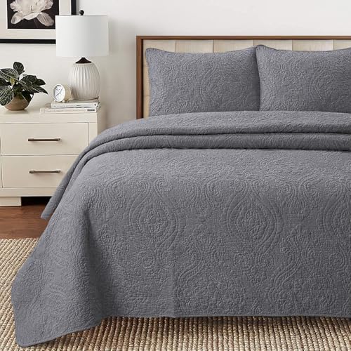 Cozy Line Home Fashions Charcoal Gray Cotton Quilt Set – 3-Piece Solid Textured Quilted Bedspread with Shams, Lightweight All Season Modern Bedding (Medallion - Grey, King - 3 piece)