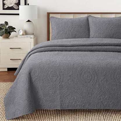 Cozy Line Home Fashions Charcoal Gray Cotton Quilt Set – 3-Piece Solid Textured Quilted Bedspread with Shams, Lightweight All Season Modern Bedding (Medallion - Grey, King - 3 piece)