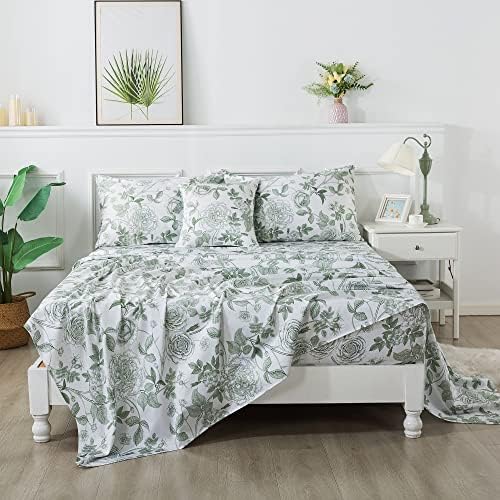 FADFAY Sheets Set Queen Vintage White and Green Floral Bedding Elegant Peony Sheets Set Shabby Rose Farmhouse Bedding 100% Egyptian Cotton 800 Thread Count Deep Pocket Fitted Sheet 4Pcs, Queen Size
