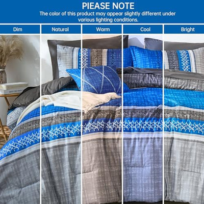 Dintszyayue Blue King Comforter Size Set, 8 Pieces Striped Boho Texture Bed in a Bag Sets, Lightweight Soft Bohemian Comforter and Sheet Set, All Season Microfiber Bedding Sets for Men Women