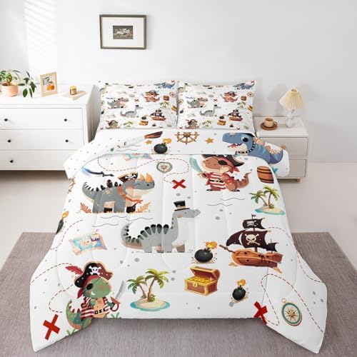 Homewish Pirate Dinosaur Kids Comforter Set Toddler Size for Boys,Sea Nautical Map Theme Bedding Set 2Pcs,Child Teens Bedroom Decor,Cartoon Animals Quilt Set Ocean Adventure Duvet Insert,1 Pillowcase