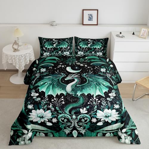 Feelyou Kids Dragon Comforter Set King Size, Green Dragon Bedding Set Dragon Lovers Comforter for Kids Boys Girls Boho Duvet Insert Room Decor 3Pcs