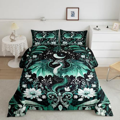 Feelyou Kids Dragon Comforter Set King Size, Green Dragon Bedding Set Dragon Lovers Comforter for Kids Boys Girls Boho Duvet Insert Room Decor 3Pcs