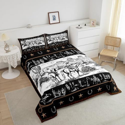 Manfei Western Comforter Set Twin Size, Cowboy Riding Horse Bedding Set 2pcs, Wild West Cactus Country Down Comforter for All Season Black White, Kids Boys Girls Room Decor, 1 Pillowcase