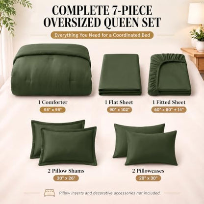 CozyLux Oversized Queen Comforter Set Olive Green, 7 Pieces Bed in a Bag