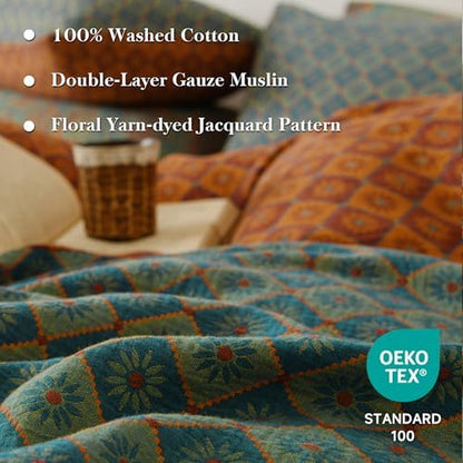 Simple&Opulence Muslin Duvet Cover Set King Size, 100% Washed Cotton 3 Pieces Yarn-Dyed Vintage Teal Green Floral Jacquard Textured Bedding, Soft Breathable Gauze Comforter Cover with Zipper Closure