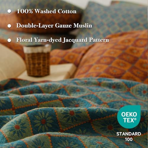 Simple&Opulence Muslin Duvet Cover Set Queen Size, 100% Washed Cotton 3 Pieces Yarn-Dyed Vintage Teal Green Floral Jacquard Textured Bedding, Soft Breathable Gauze Comforter Cover with Zipper Closure