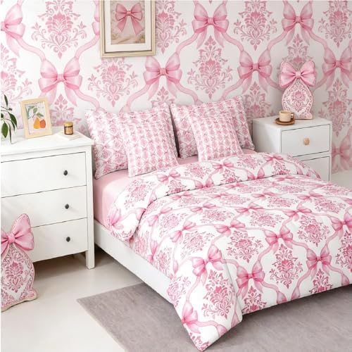 Erosebridal Pink Bow Decor Victorian King Size Comforter Set with Sheets | Antique Damask 7-Piece Bedding Set Gothic Baroque Floral Bow Bed in a Bag, Bohemian Bowknot Bed Sets