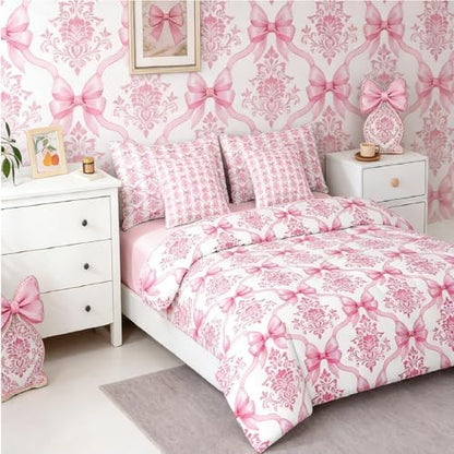 Erosebridal Pink Bow Decor Victorian King Size Comforter Set with Sheets | Antique Damask 7-Piece Bedding Set Gothic Baroque Floral Bow Bed in a Bag, Bohemian Bowknot Bed Sets