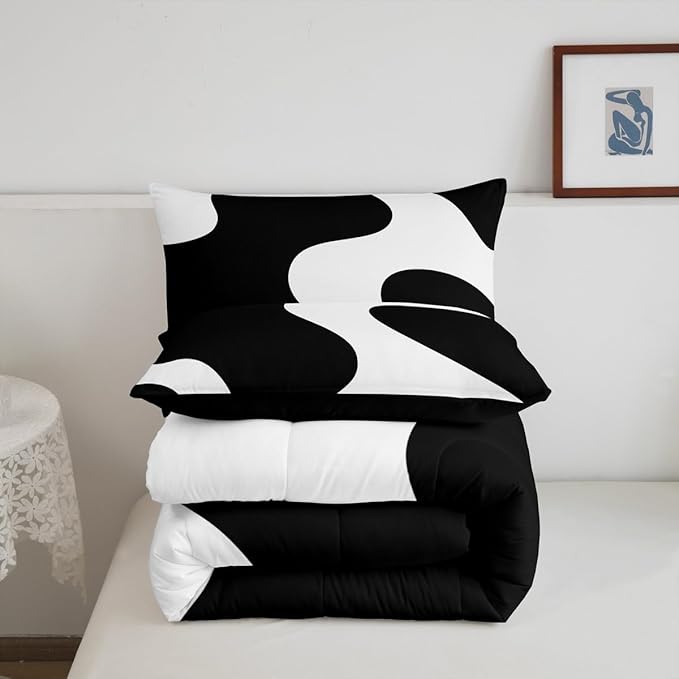 Erosebridal White and Black Abstract King Bedding Set Boho Geometric Striped Comforter Set for Adult Women Men Minimalist Modern Art Bed Collections Simple Aesthetic Modern Duvet Quilt Sets