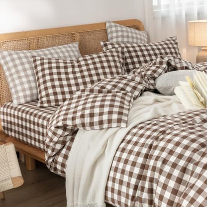 BESTOUCH Gingham Cotton Duvet Cover Set Cocoa Brown Oversized Full