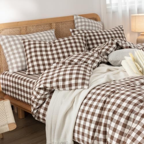 BESTOUCH Gingham Cotton Duvet Cover Set Cocoa Brown Queen