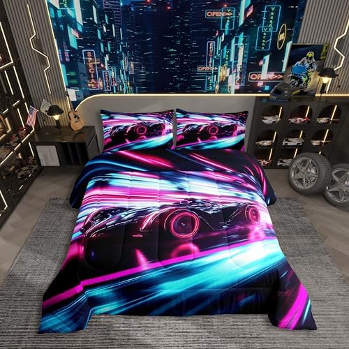 Kids Boys Sports Comforter Set - Black Blue Race Car Comforter for Kids Teen Room Decor - Extreme Sports Game Theme Bedding Set - Cool Speed Luxury Car Decor Quilt Set - Soft for All Season,Full Size