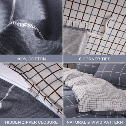 SAPHREAS Boy Gray Plaid Duvet Cover Set Twin Size 2pcs Dark Grey Grid Bedding Comforter Cover Set 1 Duvet Cover 1 Pillow Sham