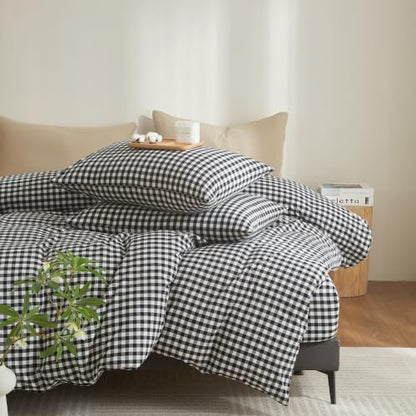 Gingham Duvet Cover Set 3 Piece 100% Washed Cotton Linen Feel Modern Plaid Checkered Bedding Comfy Breathable (Black/White Gingham, King)