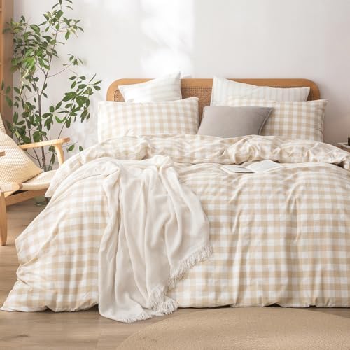 BESTOUCH Gingham Cotton Duvet Cover Set Almond Grey Twin