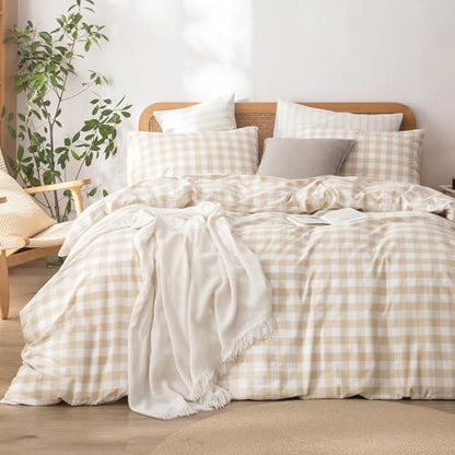BESTOUCH Gingham Cotton Duvet Cover Set Almond Grey Oversized Full