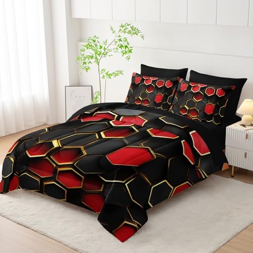 7 Piece Red and Black Comforter Set King Checkered，King Size Checkered Bedding Set，(1 Comforter, 1 Flat Sheet, 1 Fitted Sheet, 2 Pillowcase and 2 Pillow Sham)