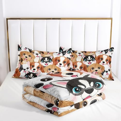 Nttopship Cute Dog Comforter Sets Queen Size Cartoon Dogs Bedding Sets for Kids,Cartoon Dog Comforter Sets，Kids Room Decor with 1 Comforter with 2 Pillow Case