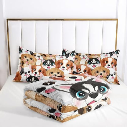 Nttopship Cute Dog Comforter Sets Queen Size Cartoon Dogs Bedding Sets for Kids,Cartoon Dog Comforter Sets，Kids Room Decor with 1 Comforter with 2 Pillow Case
