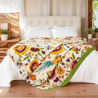 VANJOROY Boho Throw Blanket 50" x 60", 100% Organic Cotton Skin-Friendly Soft Bed Quilt Throw - All Season Floral Rustic Farmhouse Decor Luxury Blanket for Sofa Couch Chair and Gift.