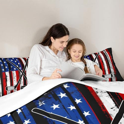 Manfei Ice Hockey Comforter Set King Size, American Flag Print Bedding Set 3pcs for Kids Boys Teens Room Decor, Hockey Sports Gaming Theme Down Comforter with 2 Pillowcases, No Sheets
