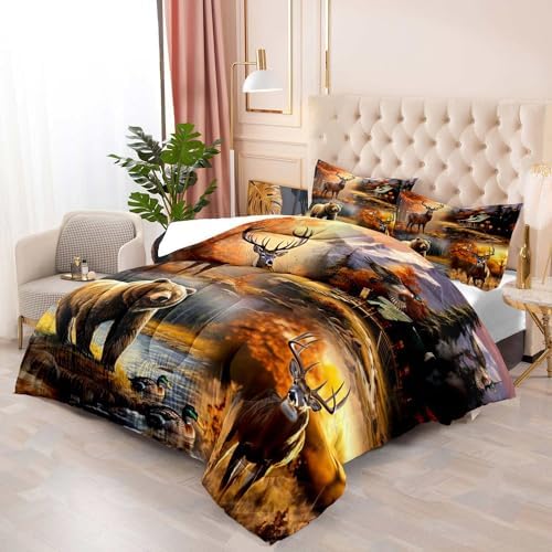 LUVIVIHOME 3PCS Bear Deer Comforter Set Full Size, Elk Moose Mallard Duck Autumn Woodland Forest Animal Wildlife Hunting Camo Hunter Country Lodge Rustic Farmhouse Cabin Bedding Sets, 2 Pillow Shams