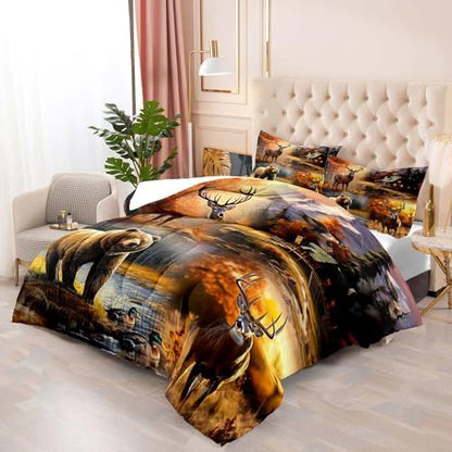 LUVIVIHOME 3PCS Bear Deer Comforter Set Full Size, Elk Moose Mallard Duck Autumn Woodland Forest Animal Wildlife Hunting Camo Hunter Country Lodge Rustic Farmhouse Cabin Bedding Sets, 2 Pillow Shams