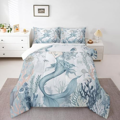 Homewish Cartoon Mermaid Comforter Set King Size,Blue Coral Shell Fish Quilt Set 3Pcs for Kids Girls Woman Teens Room Decor,Watercolor Sea Life Bedding Set Fantasy Mermaid Duvet Insert,2 Pillowcases
