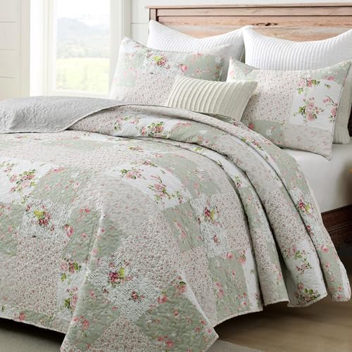 HIARUO Quilt Set Queen Size 3 Pieces Floral Patchwork Comforter Bedspread Boho Plaid Coverlet Reversible Lightweight Farmhouse Bedding with 2 Pillow Covers Shams for All Season, Green Pink