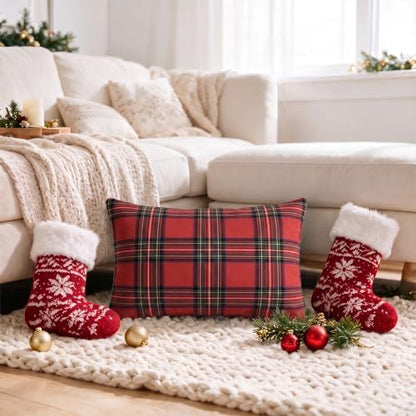 AVOIN colorlife Christmas Red Green Plaid Decorative Throw Pillow Covers, 12 x 20 Inch Holiday Scottish Tartan Cushion Case Farmhouse Decoration for Sofa Couch Set of 2