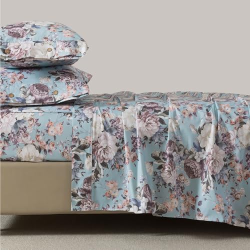 FADFAY Floral Sheets Set Full Size, 100% Cotton Bed Sheets 4 Pcs with Deep Pocket Fitted Sheet, Dusty Blue Vintage Botanical Bedding, Soft Crisp & Breathable Sheets for All Seasons