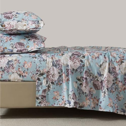 FADFAY Floral Sheets Set Full Size, 100% Cotton Bed Sheets 4 Pcs with Deep Pocket Fitted Sheet, Dusty Blue Vintage Botanical Bedding, Soft Crisp & Breathable Sheets for All Seasons