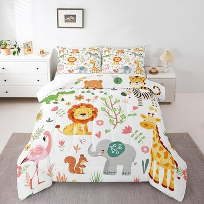 Feelyou Queen Size Cartoon Lions Giraffe Comforter Set Zoo Animals Bedding Set Flamingo Zebra Comforter for Kids Boys Girls Kawaii Animals Duvet Insert 3Pcs
